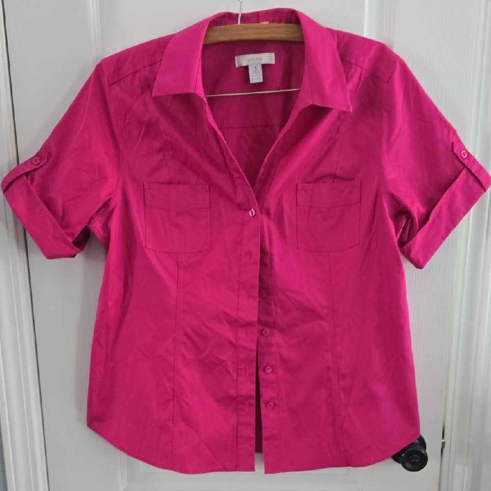 Chico's Pink Button Down Shirt with Notched Collar and Short Sleeves